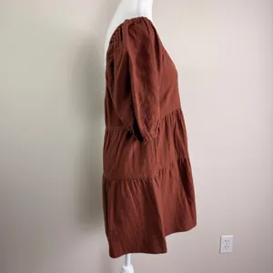 Billabong Fall For Ya Brown Cotton Gauze Tiered Puff Sleeve Mini Dress NWT Small thumbnail 3