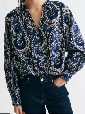 H&M 100% Cotton Paisley Floral Boho Navy Blue Peasant Blouse Size XL thumbnail 1