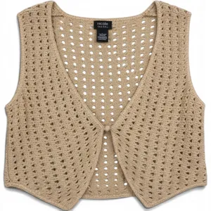 Nicole by Nicole Miller Tan Crochet Knit Vest Pointelle V-Neck Single Button L thumbnail 1