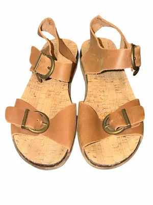 Kickers Tan Leather Cork Slide Sandals with Brass Buckles thumbnail 4