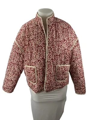 Womens Pink Floral Print Quilted Long Dolman Sleeve Quilted Puffer Coat Jacket L thumbnail 1
