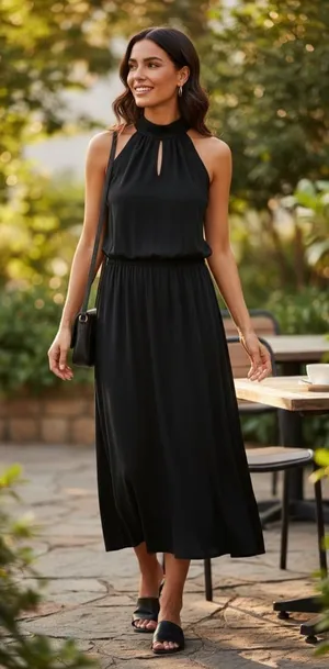 The Limited Black Keyhole High Neck‎ Midi Dress L Halter Style LBD Cocktail thumbnail 1