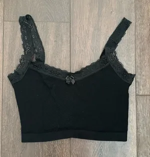 Out From Under urban outfitters black crop top tank top with lace trim thumbnail 1