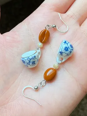 Handmade porcelain mug cup & coffee beans unique fun fairy antique style dangle earrings☕️🍃🌀 thumbnail 6