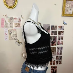 Zara Black Open Knit Tank Top With Lace Trim And Straps Size L thumbnail 3