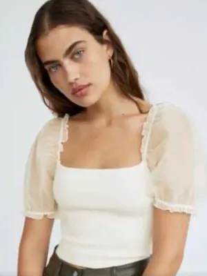 Aritzia Wilfred White Puff Sleeve Square Neck Crop Top thumbnail 1
