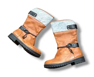 Moto Boots Womens 41 Brown Grey Felt Cuff Lug Sole Mid Calf Harness Strap NWOT thumbnail 1