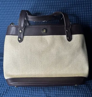Etienne Aigner Woven Classic Cream and Brown Tote Bag thumbnail 1