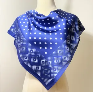 Elegant Blue Polka Dot and Geometric Border Square Satin Polyester Scarf thumbnail 1