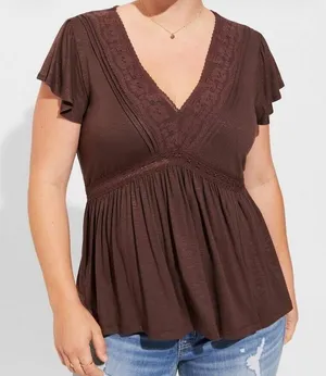 Torrid Knit V-Neck Lace Inset Babydoll Top Brown Size 5 thumbnail 1