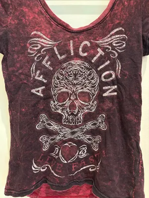 Affliction Women’s Tee Cutout Red Graphic Skull Shirt Size Small thumbnail 2