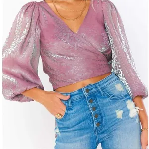 Show Me Your Mumu Joplin Wrap Blouse S Mauve Lilac Metallic Leopard Crop‎ Top thumbnail 1