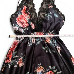 Floral Lace Satin Chemise Nightdress – Black Rose Print – Size S thumbnail 4
