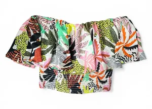 Violet Sky Womens‎ Tropical Jungle Print Smocked Off Shoulder Crop Top XL thumbnail 1