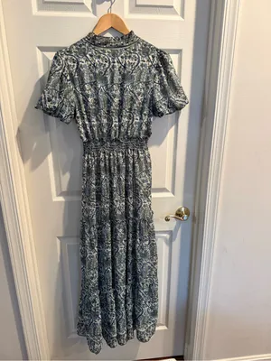 Max Studio Blue Floral V-Neck Smocked Maxi Dress thumbnail 9
