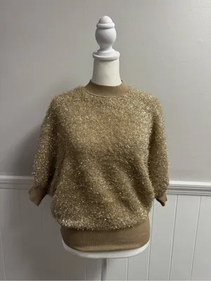 Maeve Violette Short-Sleeve Tinsel Pullover Sweater Metallic Gold Honey Small thumbnail 14