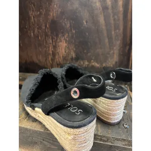 Sole Society Black Canvas Espadrille Wedge Slingback Sandals Frayed Trim Women thumbnail 5