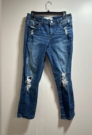 BKE Cropped Jeans in Deep Blue with Ripped Accents thumbnail 3