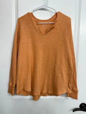 American Eagle Orange Waffle Knit Split Neck Long Sleeve Top Large thumbnail 3
