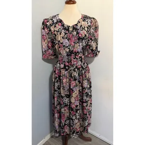 Miss Dorby Vintage 90s Floral Midi Dress L Black Purple Button‎ Front USA Made thumbnail 3