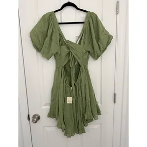 Free People Perfect Day Cotton Mini Dress Womens Medium Olive Green Deep V Neck thumbnail 3