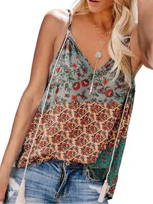 Womens Sz Medium Tank Top Keyhole Tassel Tie Blue Gray Red Pink Floral Geometric thumbnail 1