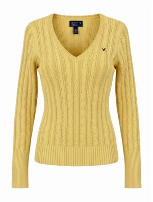 Y2K American Eagle V Neck Fitted Cable Knit Sweater Women Medium Yellow Preppy thumbnail 1