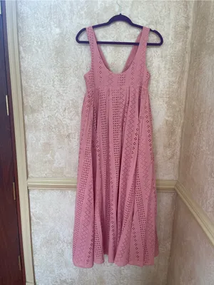 Maison Amory Maternity Sleeveless Eyelet Maxi Dress Pink Cotton Crocheted Sz S thumbnail 7