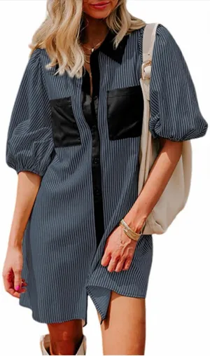NEW V Neck Short Sleeve Button Down Striped Dress L Gray Size L thumbnail 1
