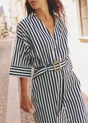 NWT Zara Blue White Striped Belted Dress Sz. XS thumbnail 1