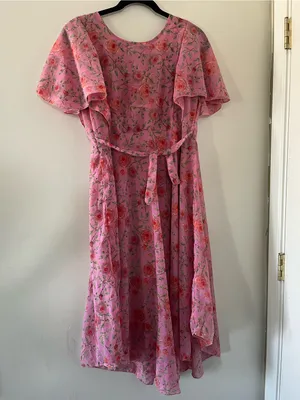 Pink Floral Flutter Sleeve Midi Dress 8 Cottagecore Feminine Church Modest thumbnail 5