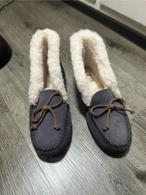 UGG Gray Suede Moccasin Slippers with Cream Shearling Trim thumbnail 2