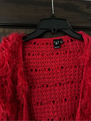 Bold Red Faux-Fur Shaggy Cardigan Sweater thumbnail 2