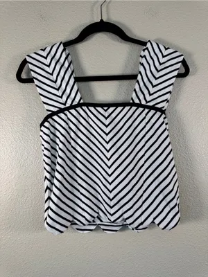 Maeve Anthropologie Black White Striped Scalloped Crop Blouse Womens S Summer thumbnail 11