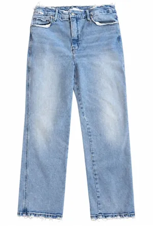 Good American Jeans 12/31 High Rise Straight Leg Light Wash Distressed Raw Hem thumbnail 1