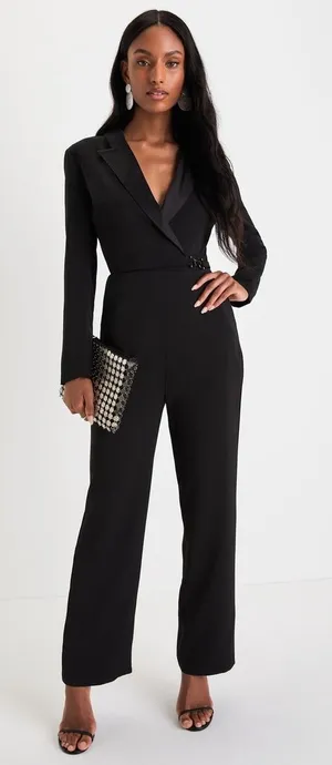 NWT Lulus Impressive Presence Black Collared Straight Leg Jumpsuit Classy Sz L thumbnail 1