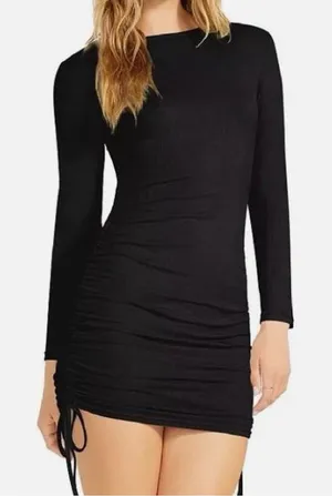 Long Sleeve Black Ruched Mini Dress thumbnail 1
