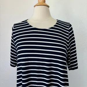 Exist Navy Blue & White Short Sleeve Striped Crochet Accent Button Back T-Shirt Dress thumbnail 2