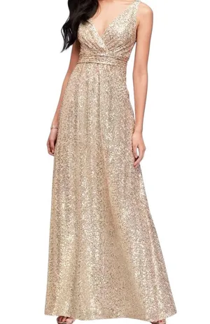 David’s bridal sleeveless gold sequined formal gown thumbnail 1