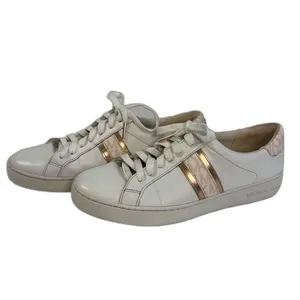 Michael Kors Irving‎ Stripe Sneakers Womens 9M White Rose Gold Leather Logo thumbnail 2