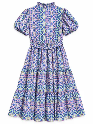 SSYS Athena Puff Sleeve Belted Midi Dress Womens Large Blue Geometric NWOT thumbnail 5