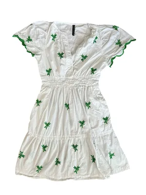 Anthropologie Women’s Somerset White Green Embroidered Cap Sleeve Mini Dress S thumbnail 9