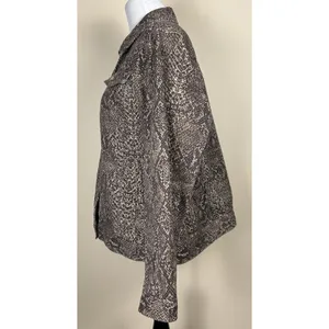 CHAPS Women 1X Snake Print Denim Jacket Brown Tan Reptile Stretch Jean Coat Plus thumbnail 4
