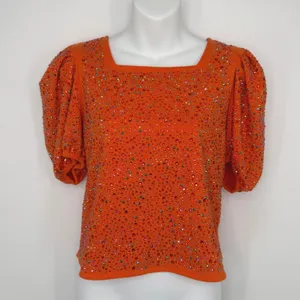 Queen of Sparkles Top XS Orange Rhinestone Puff Sleeve Square Neck Party‎ Bling thumbnail 2