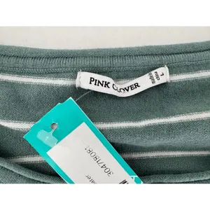 Pink Clover Sweater Sz L Green Striped Lightweight Knit Curved Hem Layering Fall thumbnail 8