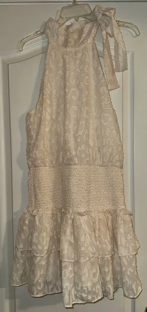 Lavish Tuscaloosa white cream Tie-Neck Ruffle leopard smocked waist dress thumbnail 1