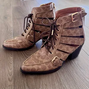 Coach Paisley Cowboy Boots Western Lace Up Studs Monogram Logo Cage Women 10B thumbnail 2