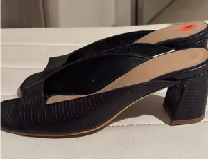 KAANAS Black Lizard Embossed Leather Block Heel Mules Square Toe Sandals Size 8 thumbnail 1