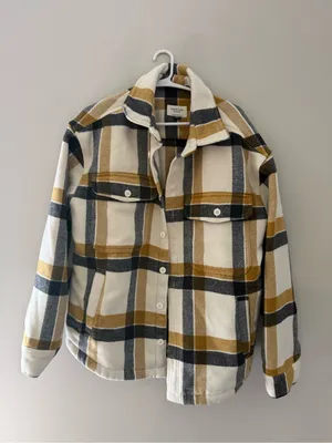 American Eagle Oversized Plaid Sherpa Shacket Women M Yellow Black thumbnail 3