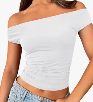 Trendy Queen Off The Shoulder Top Y2K Summer Shirts Double Lined White Large thumbnail 1